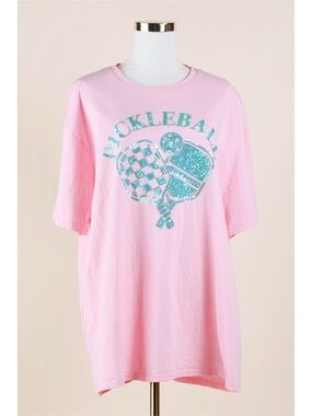 Sz L Fantastic Fawn 100% Cotton Pink Pickleball Sequin Patch T-Shirt NWOT